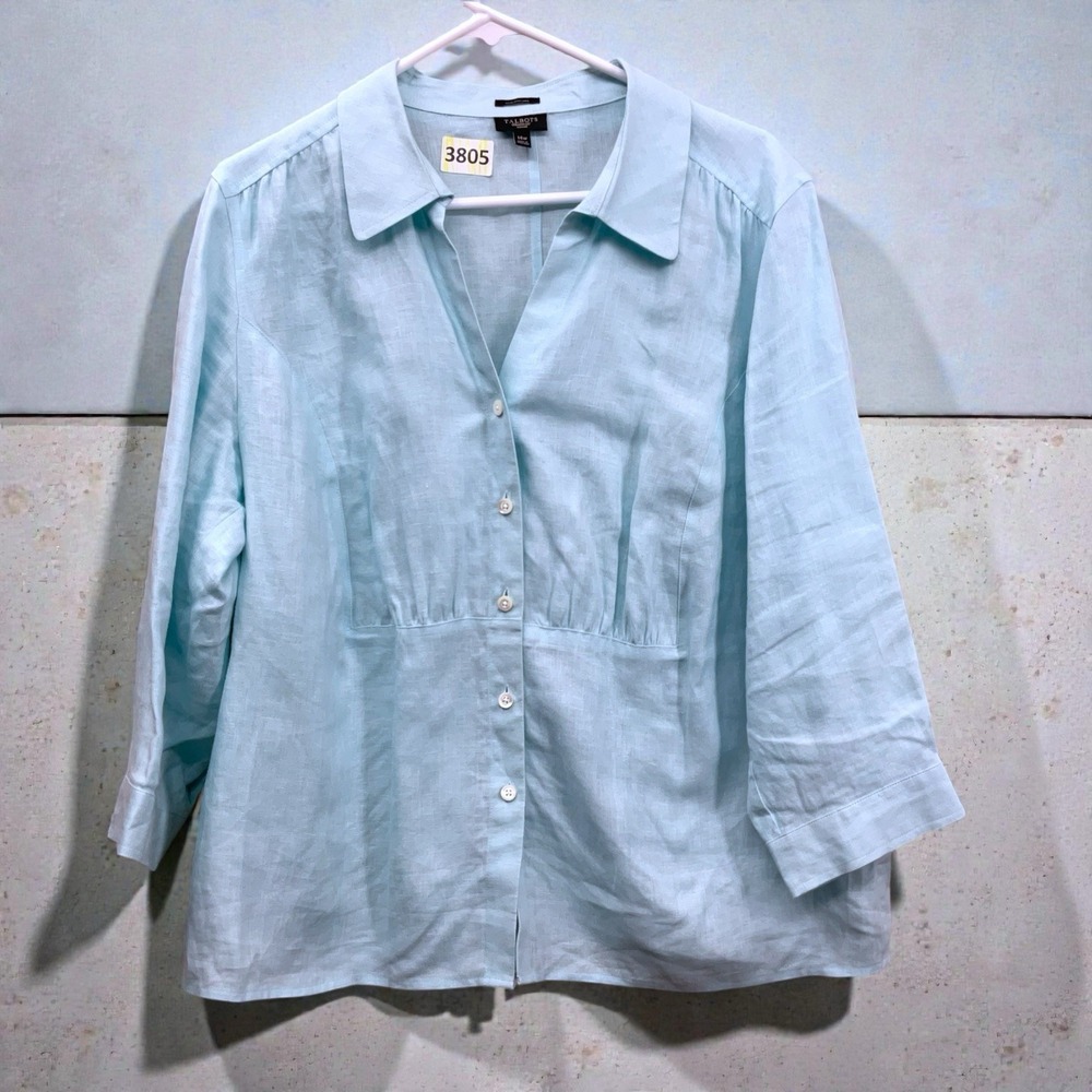 NWOT Talbots Women's 14W Aqua Green Pure Irish Linen Button Front Blouse